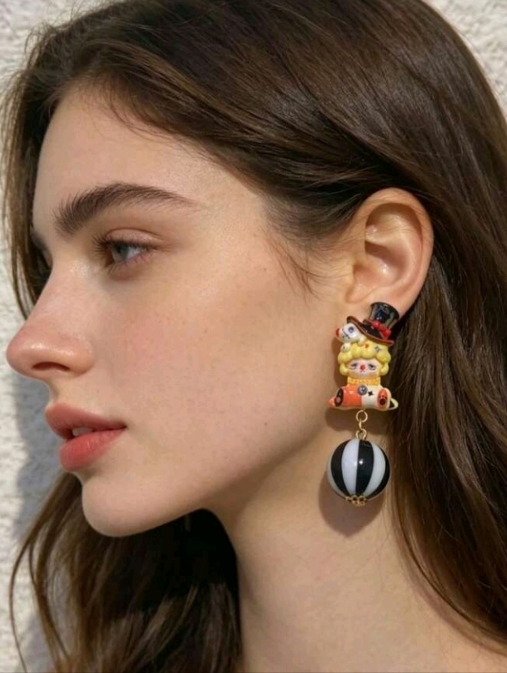 NEW! 925 Sterling Silver Post Earrings Whimsical Circus Doll Drop Black & White